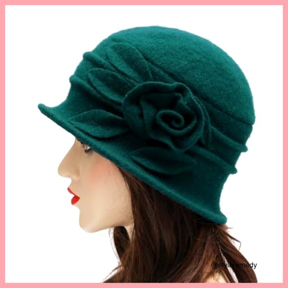 Wool Blend Vintage Winter Cloche Bucket Hat with Flower Accent main image 7
